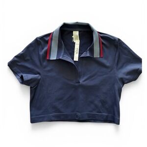 PINK Victoria's Secret Cropped Polo Shirt Navy Blue XL Striped Collar